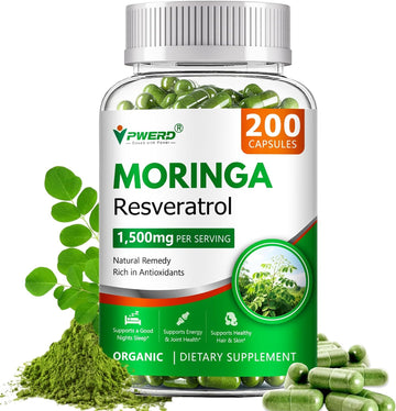 200 Count Organic Moringa Pure Powder Oleifera Leaf Capsules，Moringa Oleifera Powder Leaf Organic Capsules Powder Capsules 1500mg